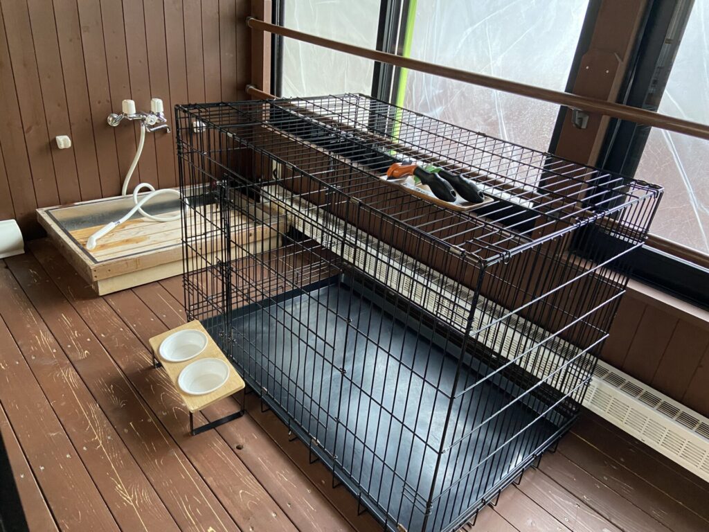 定山渓ぬくもりの宿ふるかわ 愛犬同伴客室302号室の犬用ゲージと足洗い場